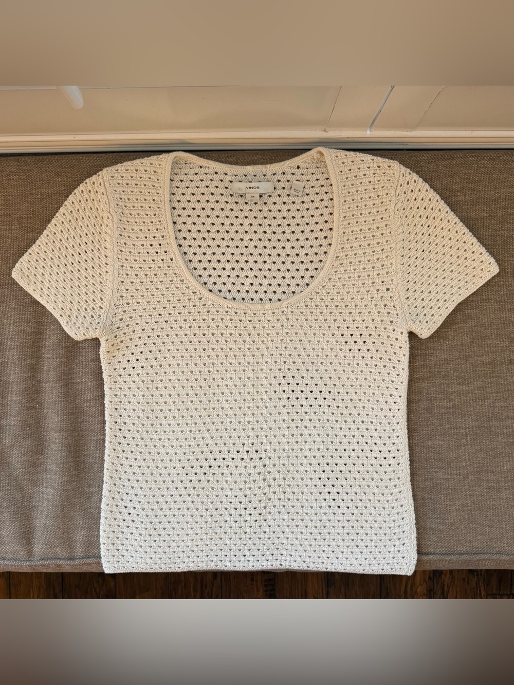 Vince Ivory Open Stitch Short Sleeve Cotton Sweater Womens S